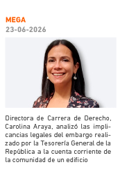 Mega | Directora de la carrera de Derecho, Carolina Araya, analizó las implicancias legales del embargo realizado por la Tesorería General de la República a la cuenta corriente de la comunidad de un edificio, debido al incumplimiento en el pago de una multa laboral.  