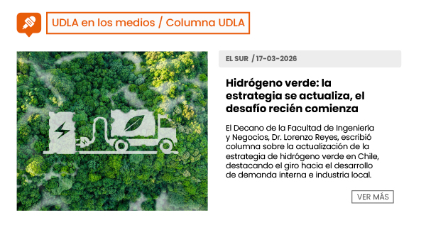 Hidrógeno verde: la estrategia se actualiza, el desafío recién comienza. El Decano de la Facultad de Ingeniería y Negocios, Dr. Lorenzo Reyes escribe columna sobre la actualización de la estrategia de hidrógeno verde en Chile, destacando el giro hacia el desarrollo de demanda interna e industria local.